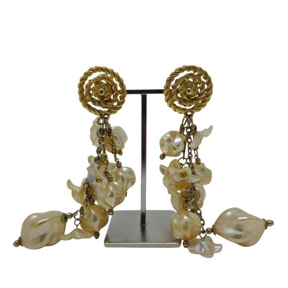 Large Vintage Runway Statement Gold Swirl & Floral Pearl Beaded Dangle Earrings - Picture 7 of 12